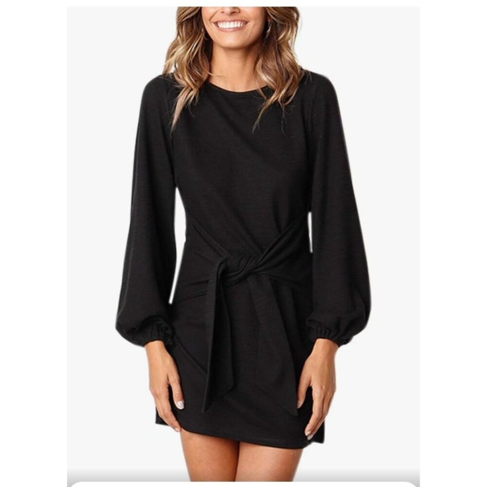 Womens Fashion Casual Wrap Dress Puff Sleeve Cocktail Tie Skirt Size S Party